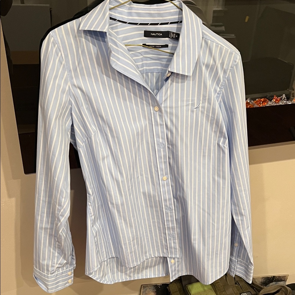 Nautica Blue and White Striped Long Sleeve Shirt